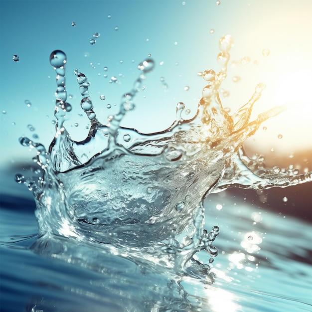 Wasserspritzer mit blauem Himmel und Sonnenlicht-Wassertropfen