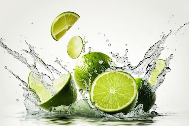 Wasserspritzer mit frischen Limetten auf weißem Hintergrund Generative KI