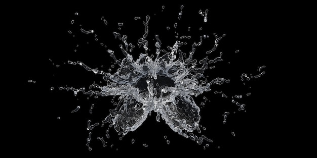 Wasserspritzer mit Tröpfchen auf schwarzem Hintergrund 3D-Darstellung