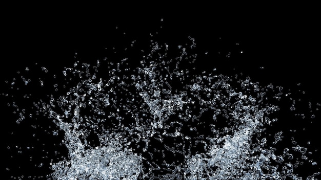 Foto wasserspritzer mit tröpfchen auf schwarzem hintergrund 3d-darstellung