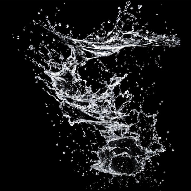 Wasserspritzungen in der Luft, isoliert auf schwarzem Hintergrund