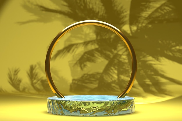 wasserständer mit goldenem ring für die ausstellung von kosmetikprodukten. mit Palmenschatten im Hintergrund. 3d