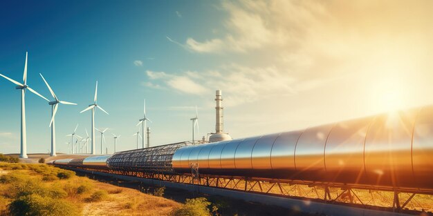 Wasserstoffpipeline mit Windturbinen und Sonnenkollektoren