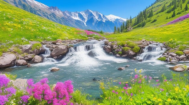 Wasserstrom umgeben von Bergen und Blumen an einem sonnigen Tag