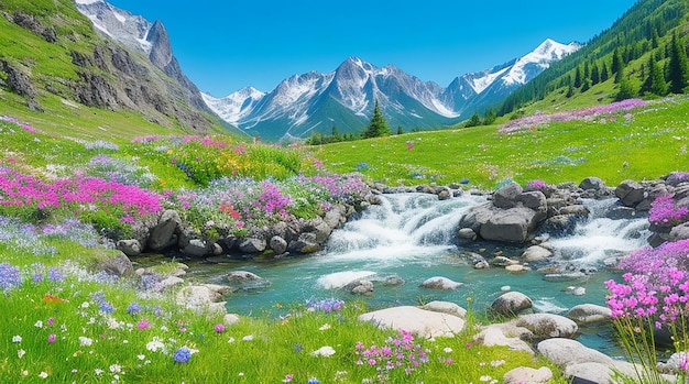 Wasserstrom umgeben von Bergen und Blumen an einem sonnigen Tag