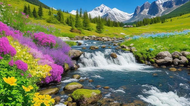 Wasserstrom umgeben von Bergen und Blumen an einem sonnigen Tag