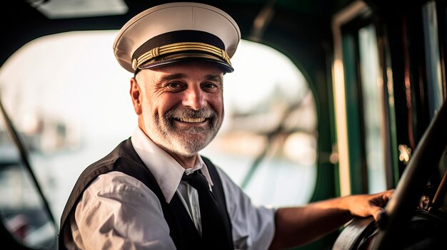 Foto wassertaxi-kapitän lächelt vor liebe zum maritimen städtischen verkehr