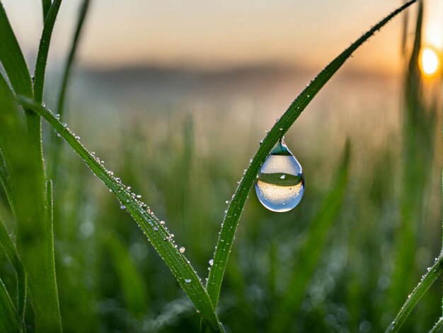 Wassertröpfchen auf einem Grasblatt mit Sonnenuntergang im Hintergrund