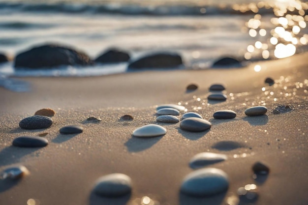 Wassertropfen auf dem Sand, die von der Sonne reflektiert werden