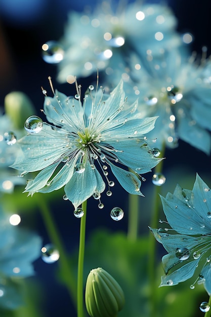 Wassertropfen auf eine Blume mit blauen Blütenblättern und grünen Blättern