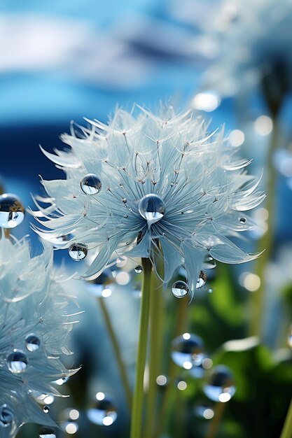 Wassertropfen auf eine Blume mit blauen Blütenblättern und grünen Blättern