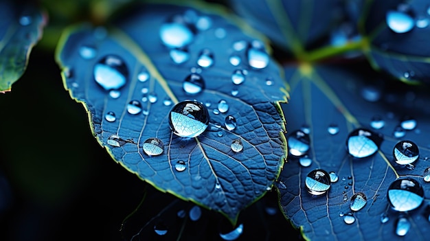 Wassertropfen auf einem Blatt im Naturmakro. Viele Tropfen schattieren die blaue Farbe