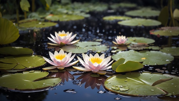 Wassertropfen auf einem wunderschönen, farbenfrohen Hintergrund mit Seerosenblumen, der von KI generiert wurde