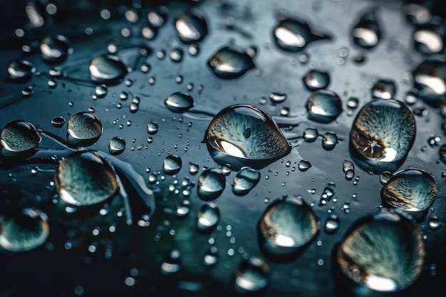 Wassertropfen auf einer glatten schwarzen Oberfläche, die Licht reflektieren und ein faszinierendes Muster erzeugen Generative KI