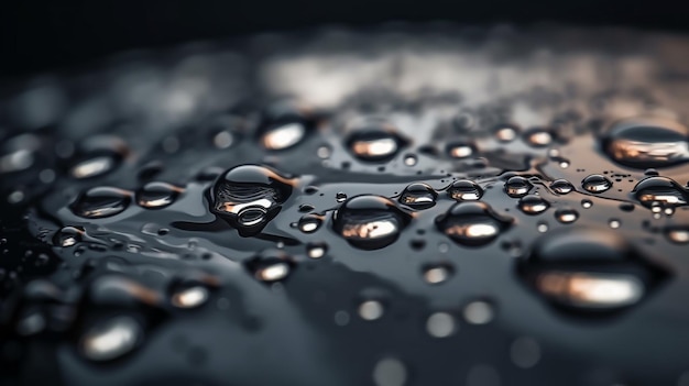 Wassertropfen auf einer schwarzen Oberfläche mit schwarzem Hintergrund.