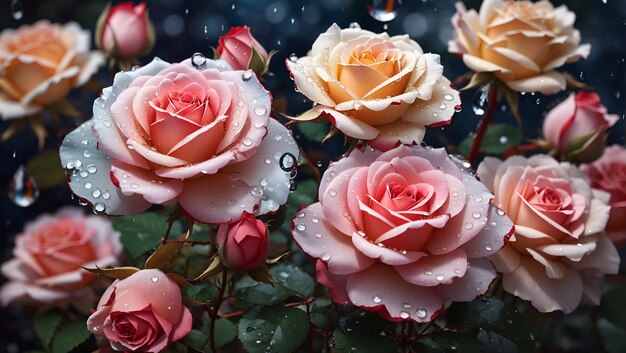 Wassertropfen auf einer wunderschönen, farbenfrohen Hintergrunddesign-Tapete mit Rosenblüten und Gärten