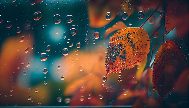 Wassertropfen auf Glas mit Herbstlaub closeupgenerative ai