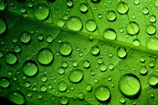 Wassertropfen auf grünem Blatt, Naturhintergrund der Reinheit