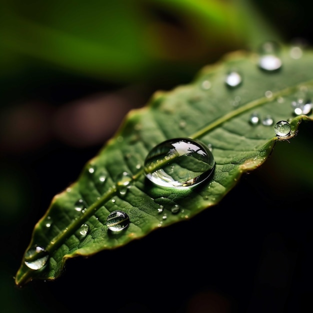 Wassertropfen auf grünem Blattmakro-Nahaufnahmehintergrund, hochwertiger Großformatdruck