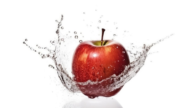 Wassertropfen haften an der Oberfläche des Apfels, wenn er in ein Becken fällt, und erzeugen einen Spritzerausbruch. Erstellung mit generativen KI-Tools