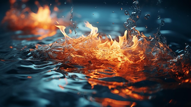Wassertropfen inmitten blauer Wellen und feuriger Flammen in tiefen Gewässern