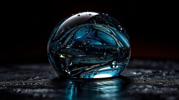 Wassertropfendetail auf einer dunklen Oberfläche Eine Nahaufnahme der blauen Kristallkugel