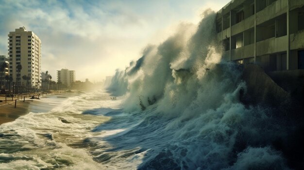 Foto wasserwände, die aus dem ozean aufsteigen, um zu verwüsten