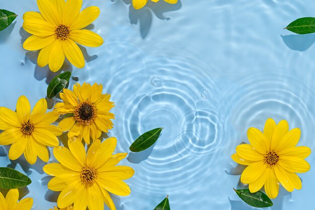 Wasserwelligkeit mit gelben Blumen. Trendiger Hintergrund für die Präsentation von Kosmetikprodukten. Künstlerisches Konzept. Platz kopieren