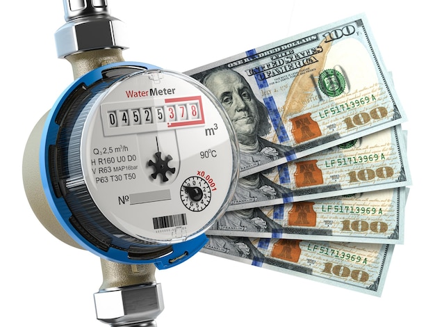 Wasserzähler mit Dollargeld Wasserverbrauchskosten von Versorgungsunternehmen und Sparkonzept