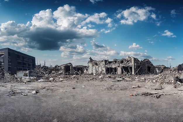 Wasteland com estruturas desmoronadas da antiga fábrica e edifícios industriais destruídos