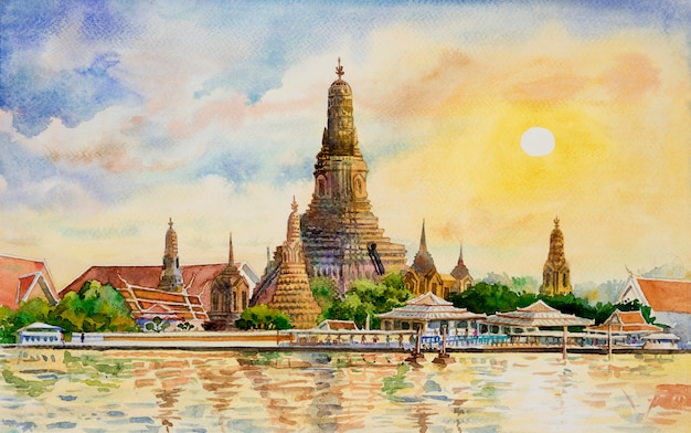 Wat Arun Temple no por do sol em Banguecoque Tailândia.