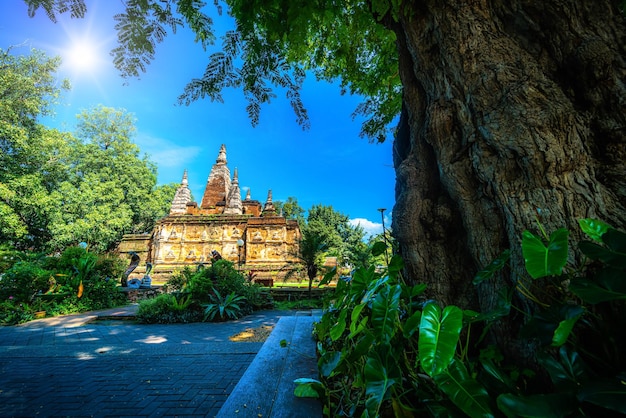 Wat Chet Yot o Wat Photharam Maha Wihan templo de siete pagodas es una importante atracción turística en Chiang Mai Tailandia con templo vespertino en Chiang Mai