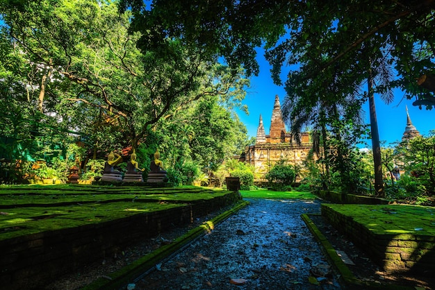 Wat Chet Yot ou Wat Photharam Maha Wihan sete templo de pagode É uma grande atração turística em Chiang Mai Tailândia com noite Templo em Chiang Mai