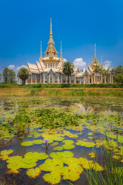 Foto wat non kum mit einem lotus-teich gilt als symbol des buddhismus im bezirk sikhio provinz nakhon ratchasima thailand