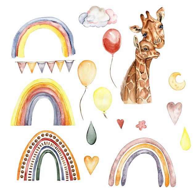 Watecolor handgezeichnete Giraffenillustration und Regenbogen