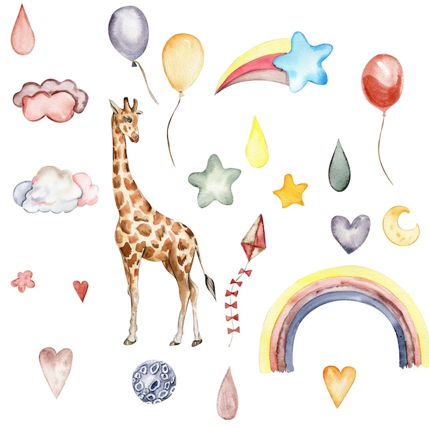 Watecolor handgezeichnete Giraffenillustration und Regenbogen