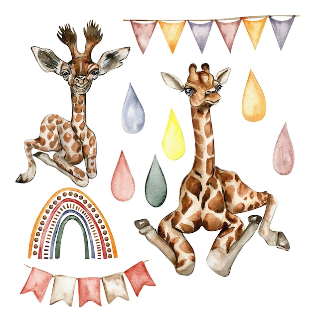 Foto watecolor handgezeichnete giraffenillustration und regenbogen