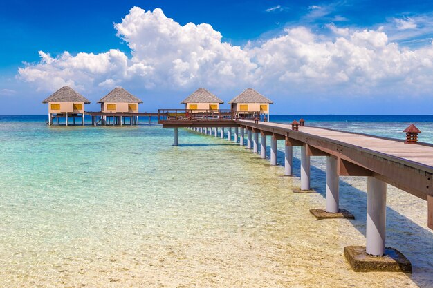 Water Bungalows en una isla tropical en las Maldivas