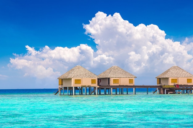 Water Bungalows en una isla tropical en las Maldivas