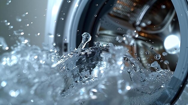 Foto water splashing in washing machine drum during laundry cycle maintenance and efficiency concept laundry machine maintenance water splashing efficiency tips