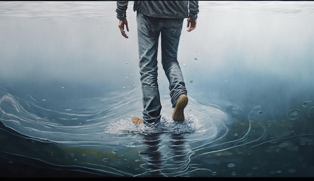 Water Walker Retrato hiperrealista de una persona de pie sobre aguas tranquilas