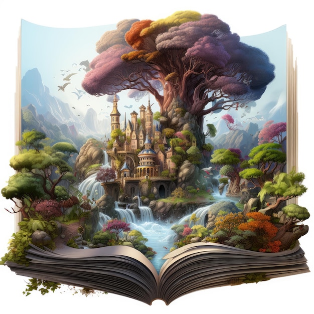 Foto waterco livro aberto com uma ilustração de popping mundo de fantasia generative ai