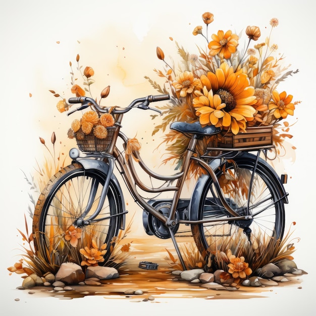 Waterco Sobre Flores de Outono Ilustração de bicicleta Generative Ai