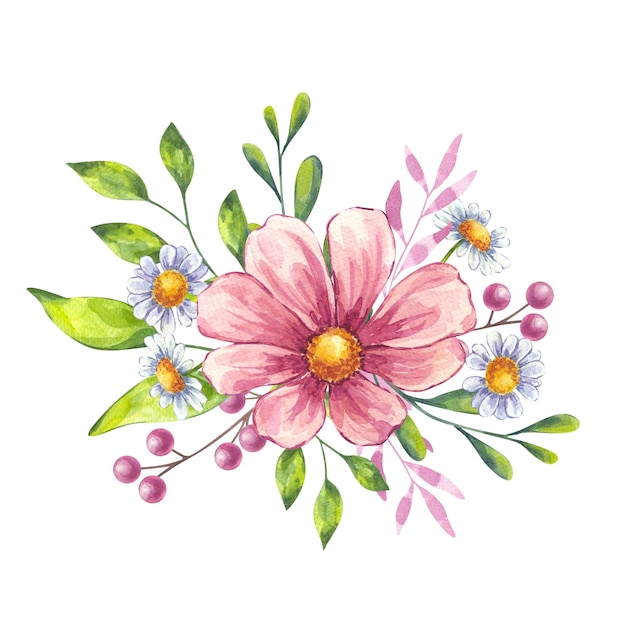 Watercolor blooming flower composition Pink cosmos white daisy chamomile berries green leaves Floral botanical drawing Hand drawn illustration isolated background Wedding invitation