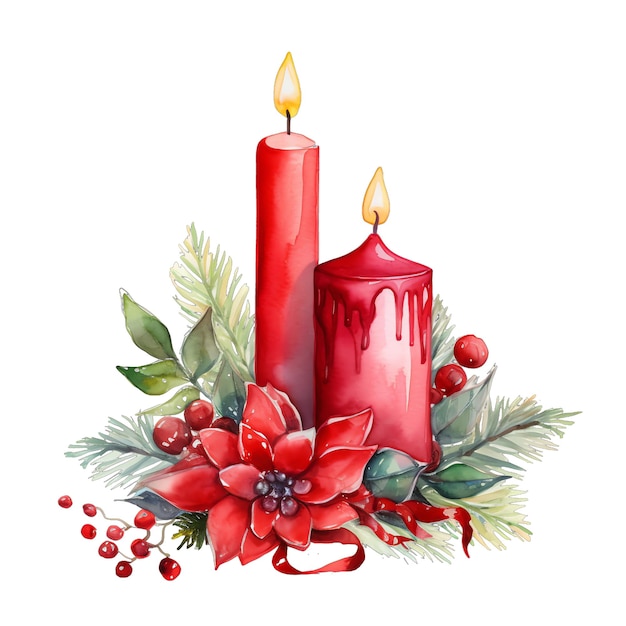 Foto watercolor christmas themed candles and flowers decoration arrangement illustration for christmas