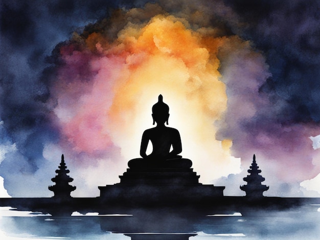 WATERCOLOR-Illustration für den Magha-Puja-Tag mit einer Silhouette einer meditierenden Buddha-Statue