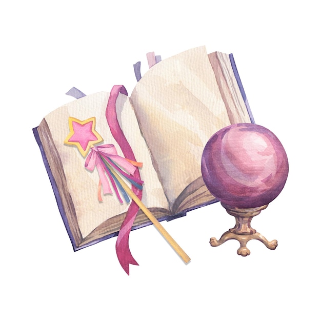 Watercolor illustration with magic ball book with pink ribbon magic wand