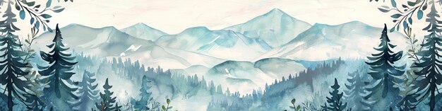Foto watercolor painting of beautiful mountains mountain peak landscape with forest panorama banner