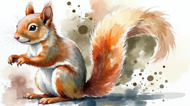 Watercolor painting of a cute squirrel with a fluffy tail