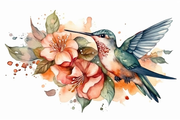 Watercolour_Floral_Hummingbird_isolated_on_white_backgrou